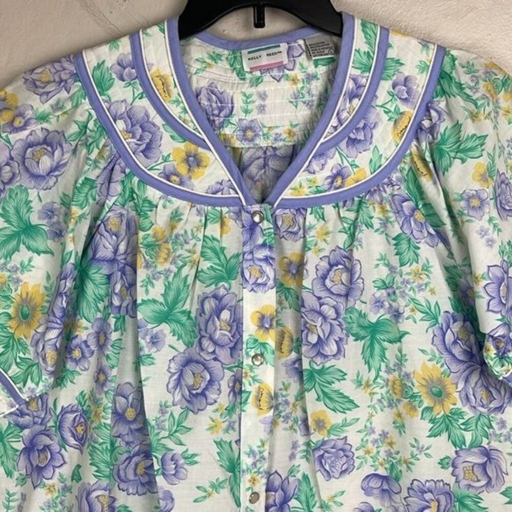 Vtg Kelly Reed Purple Green Floral House Dress Large snaps pockets roper